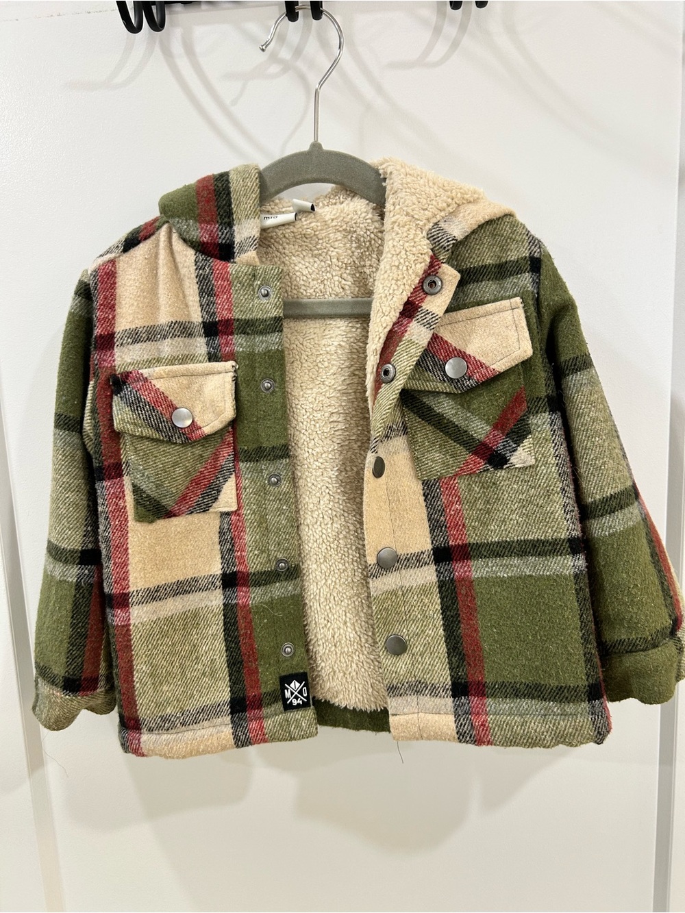 Green and Cream Plaid Sherpa Lined Toddler Jacket (Size 24m)